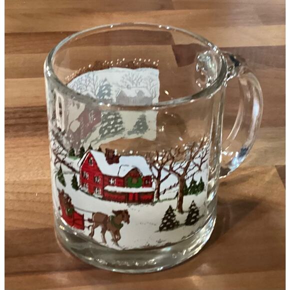 Vintage Set Of 4 Libbey Currier & Ives Christmas Glass Mugs Winter Snow Scene - Picture 10 of 11